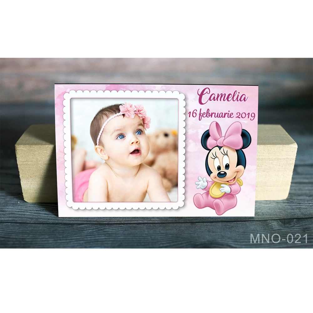 magnet marturie botez cu foto si Minnie bebelus