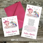 Invitatii botez cu plic colorat - unicorn - IBP-13