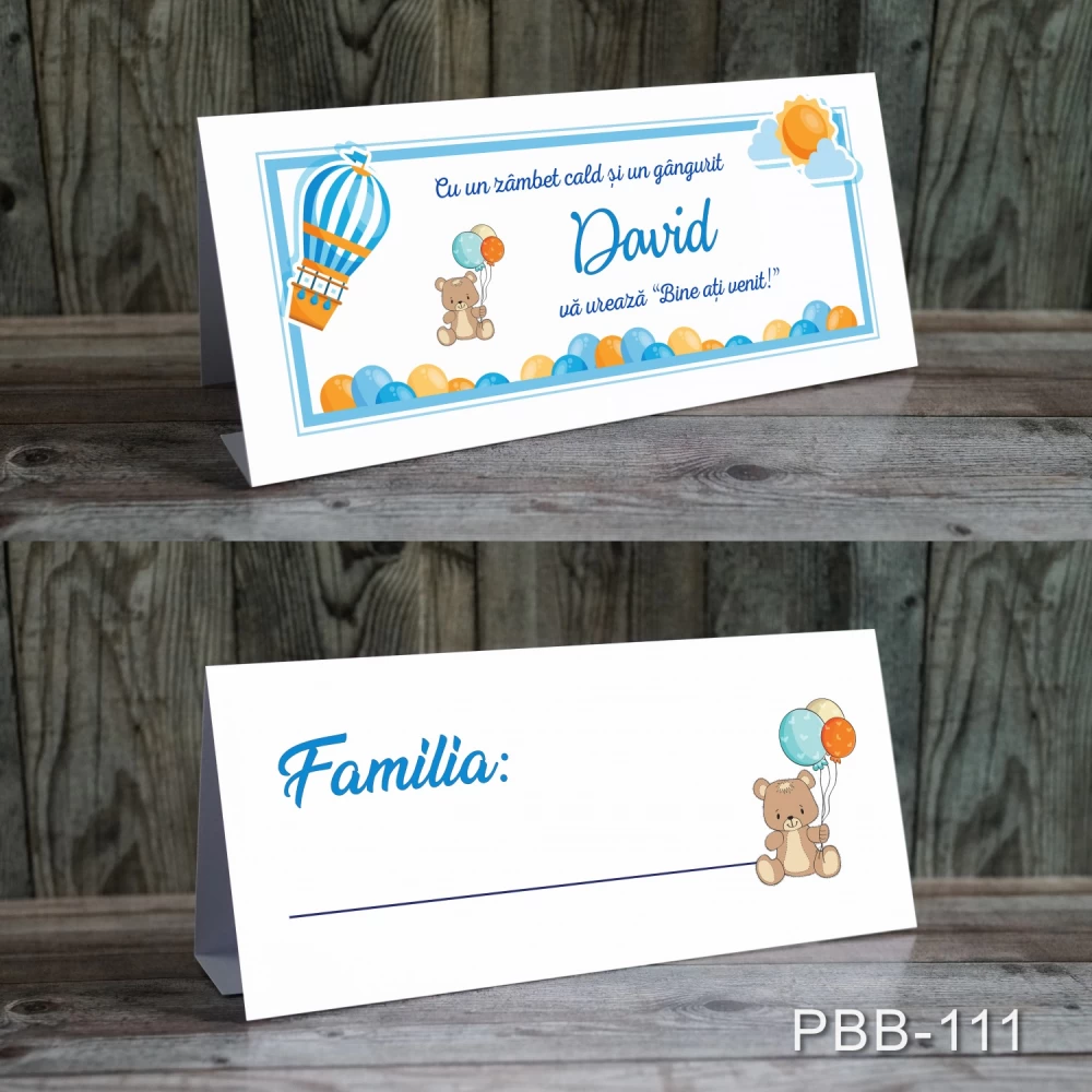 plicuri bani carduri masa botez balon cu aer cald ursulet