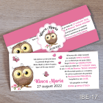 Invitatii botez cu eticheta si plic Roz - Bufnita - IBE-17