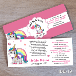 Invitatii botez cu eticheta si plic Roz - Unicorn - IBE-19
