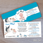 Invitatii botez cu eticheta si plic Albastru - Barza - IBE-34