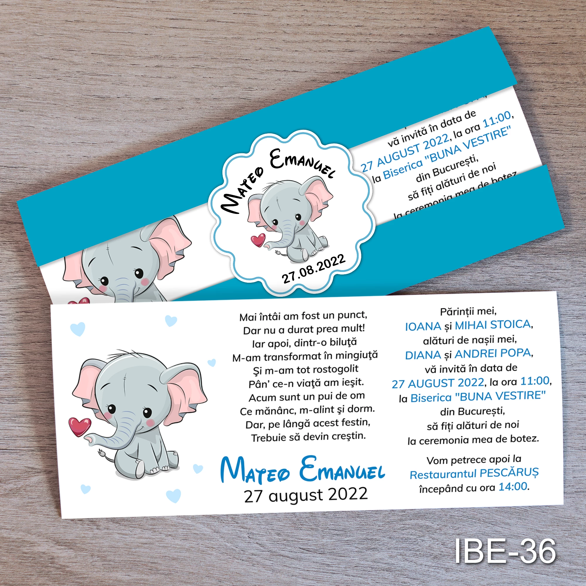 invitatii botez cu eticheta personalizata IBE-36 elefant Invitatii botez cu eticheta si plic Albastru - Elefant - IBE-36 - imagine 1