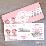 Invitatii botez gemeni fetite cu eticheta si plic Roz Pastel - IBE-89