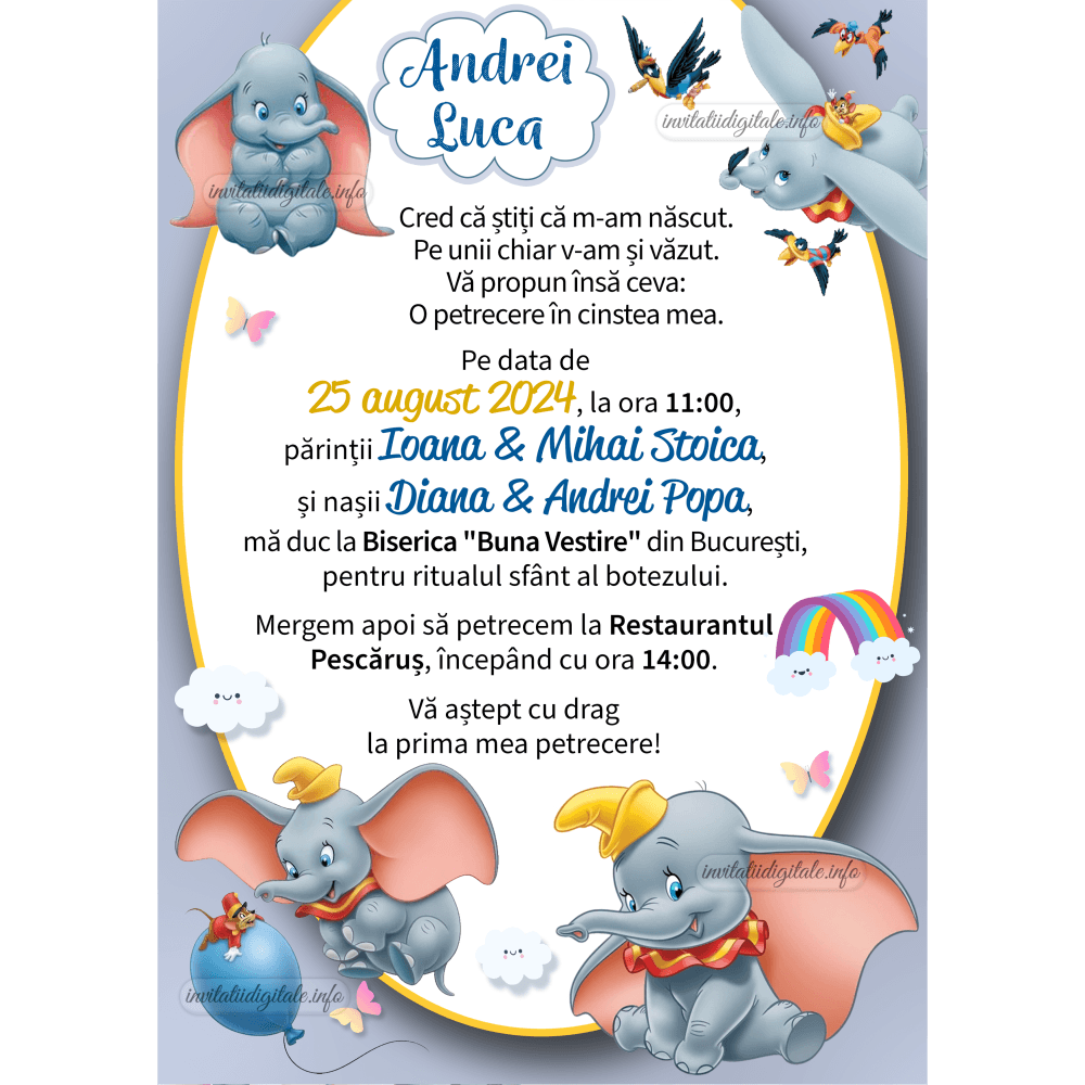 invitatii botez baiat elefantul dumbo