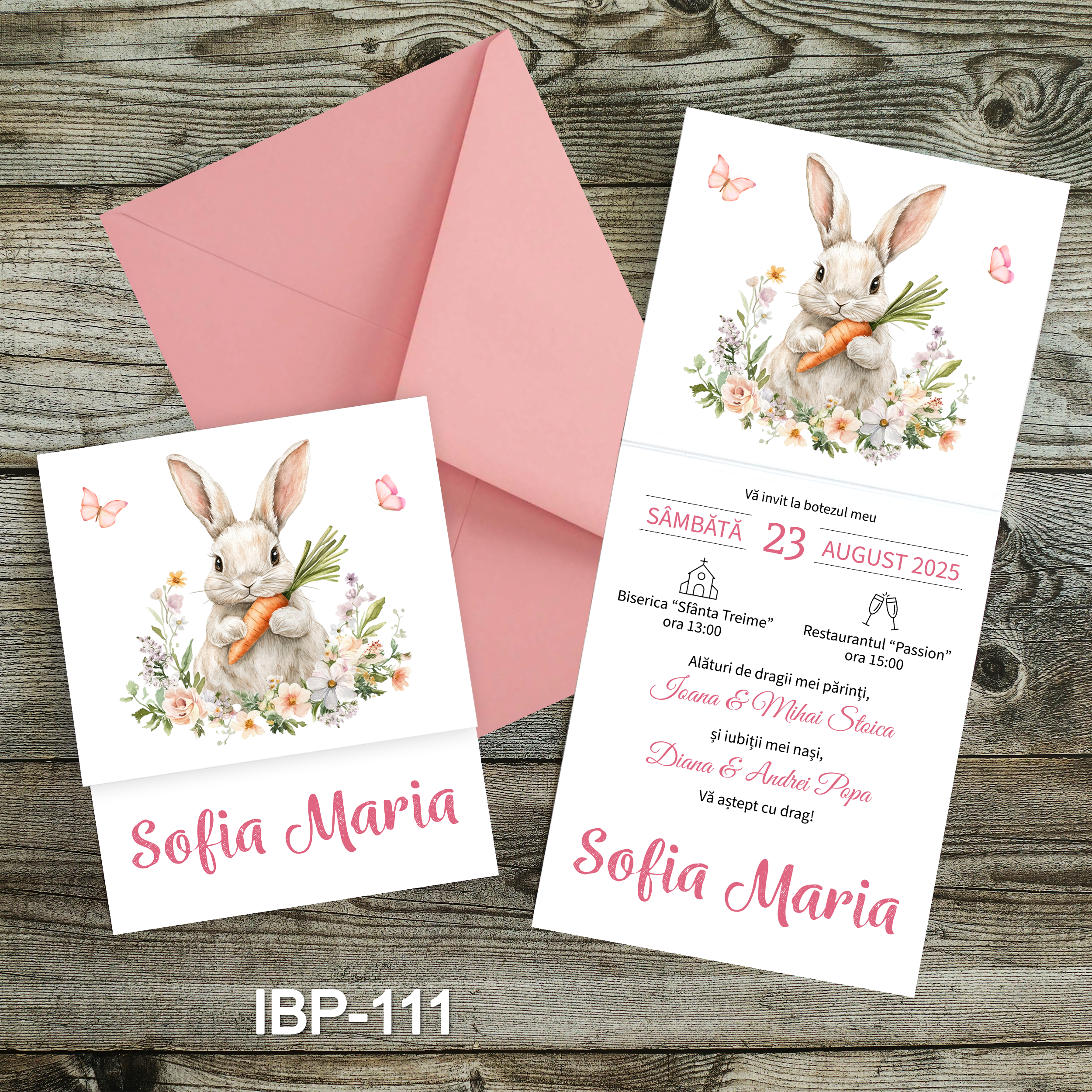 invitatii botez fetite iepuras IBP-111 invitatii botez fetite iepuras