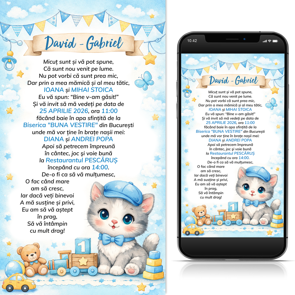 invitatii digitale botez baiat pisicuta